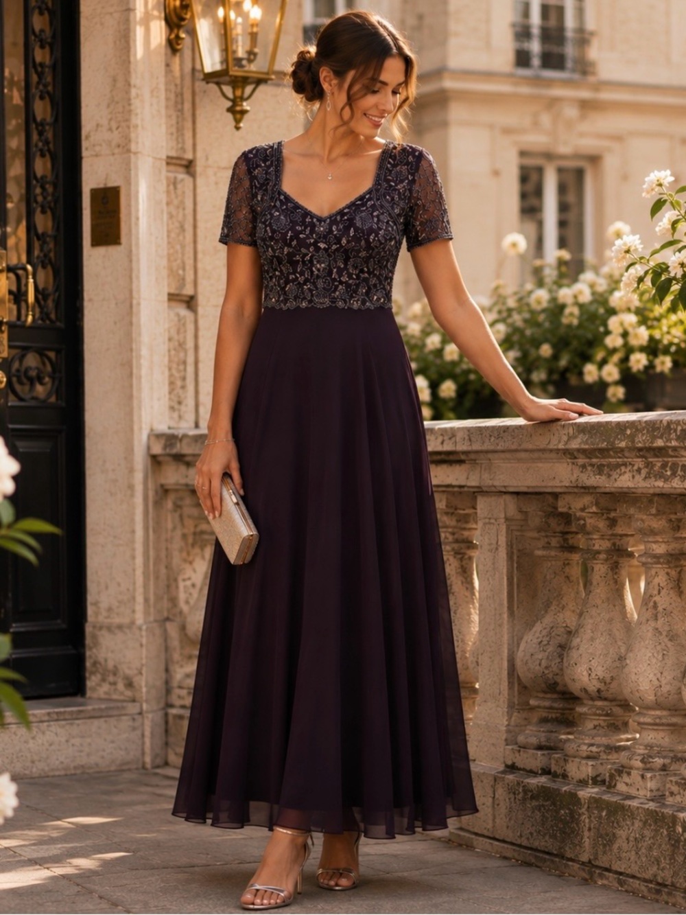 NWT Pisarro Nights Beaded Mesh Evening Gown Burgundy Wine Formal Wedding Guest 6